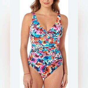 Swim Solutions Floral Twist Front One Piece Mio Swimsuit Size 14 Bright Tropical